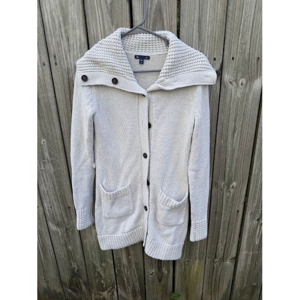 Coastal Grandma Gap Chunky Knit Cardigan XS Oatmeal Shawl Collar Button Up